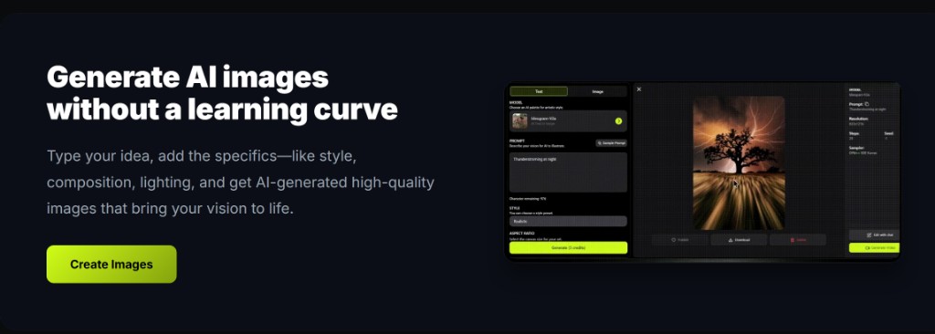 deep-imager workspace: mode tabs, model and style controls, credits, and image preview